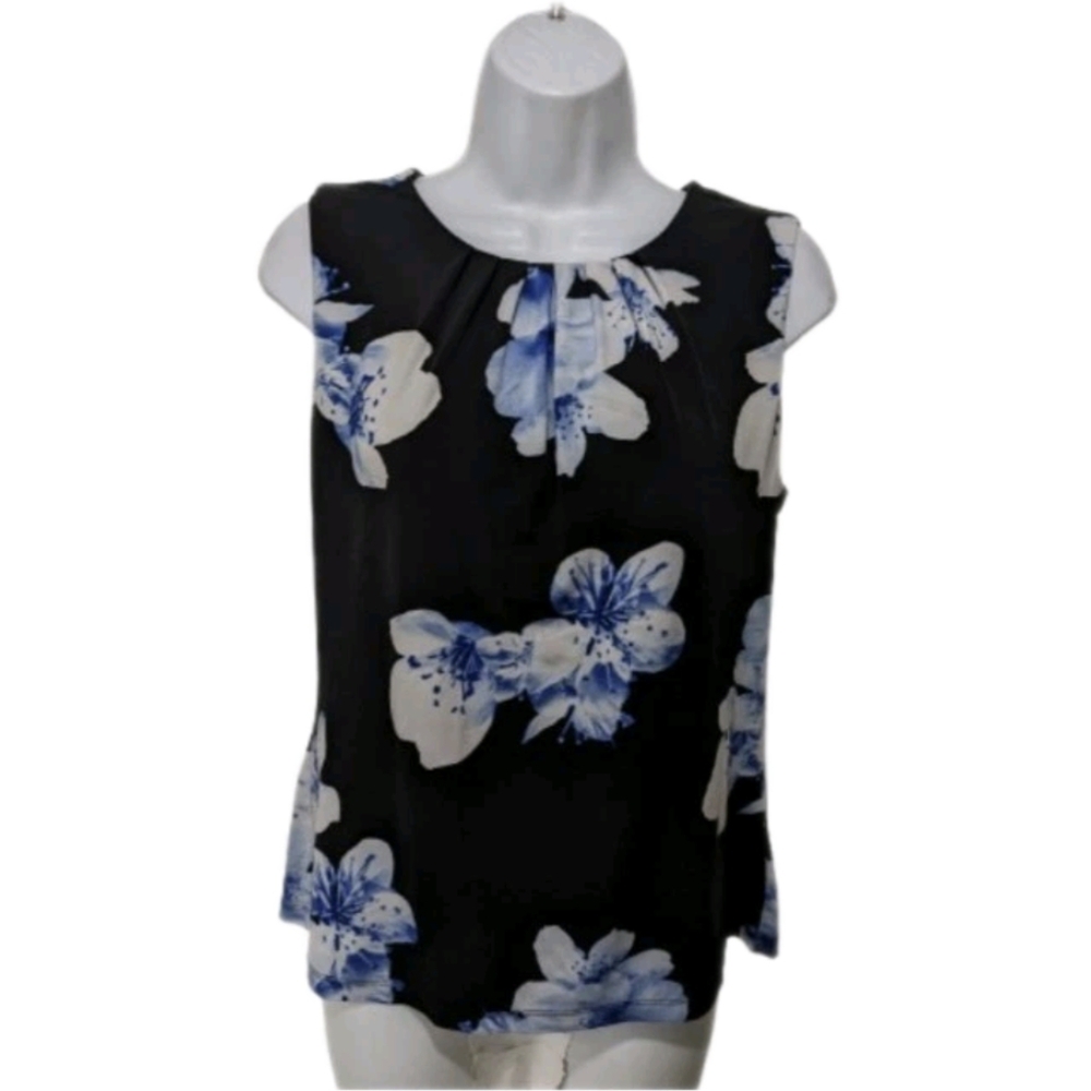 Calvin Klein Black Floral Sleeveless Blouse Top M Office Wear Classic #8900